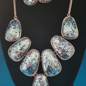 Blue and Silver Glitter Glam Necklace with matching Earrings